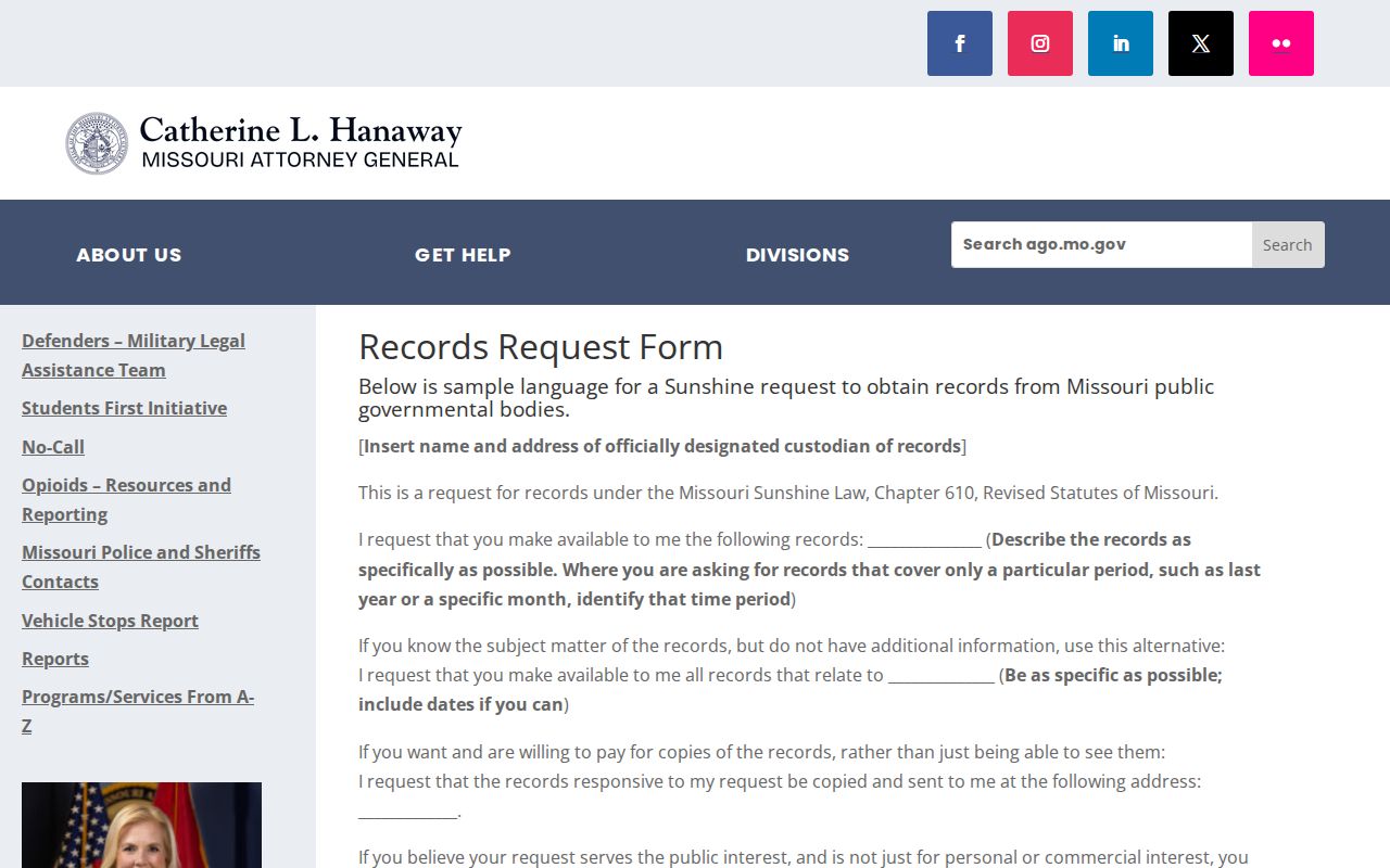 Missouri Sunshine record request fields for Pettis County requests