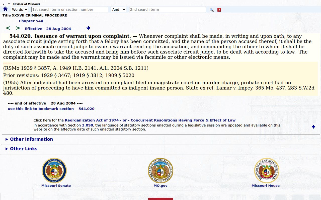 Missouri statutory felony arrest warrant framework