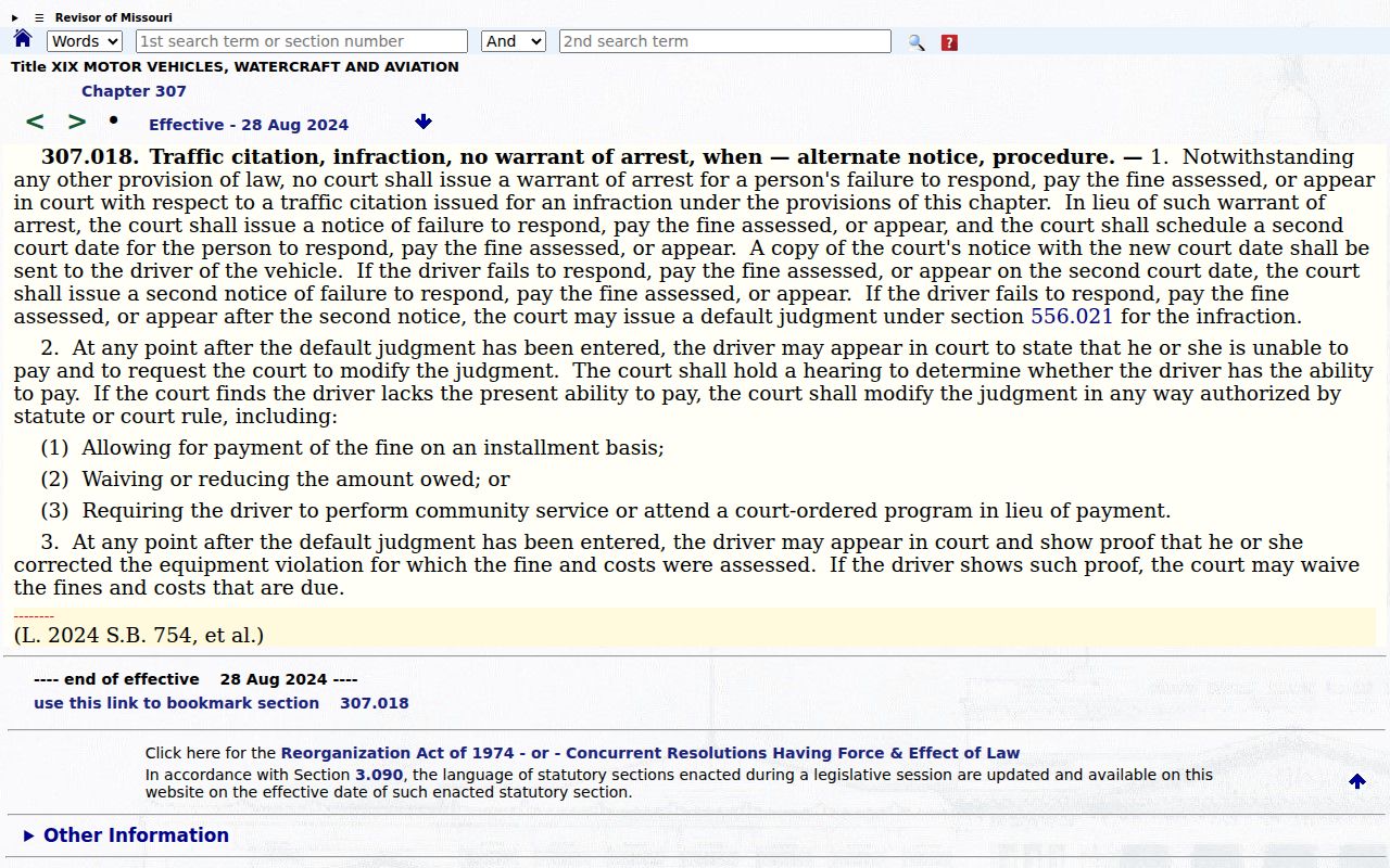 Missouri traffic infraction notice and second court date rule