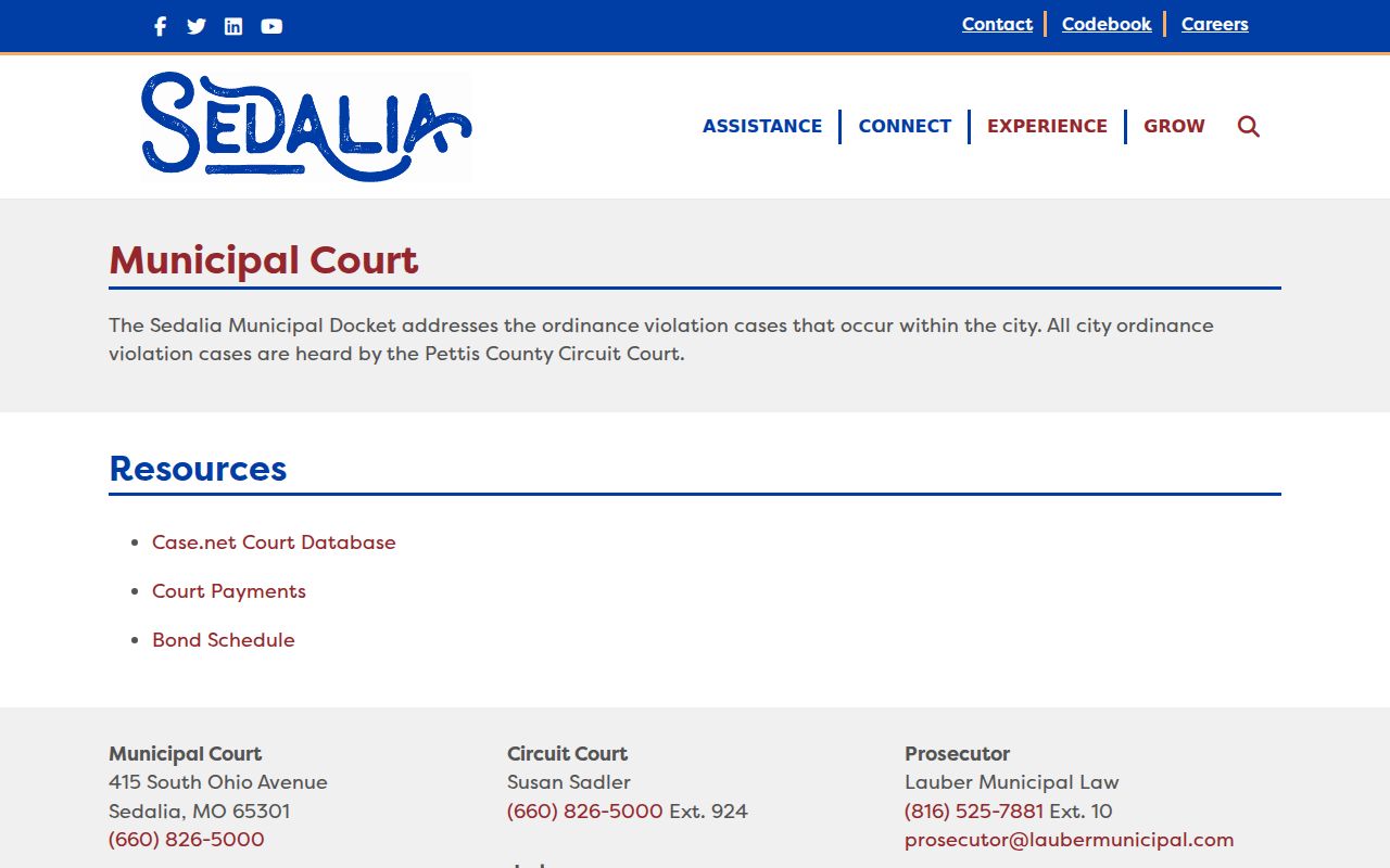 Sedalia municipal court links and Pettis courthouse routing