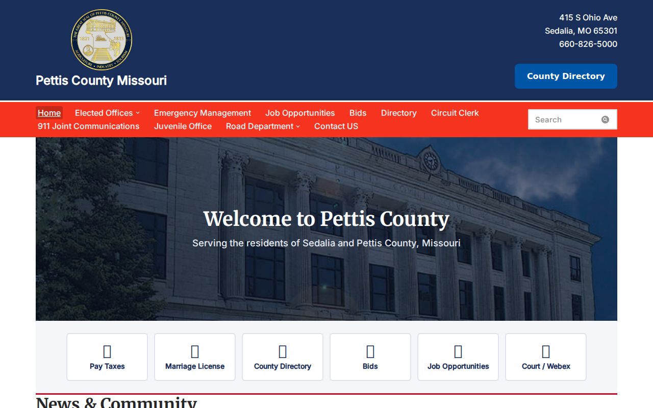 Official Pettis County courthouse and county navigation page